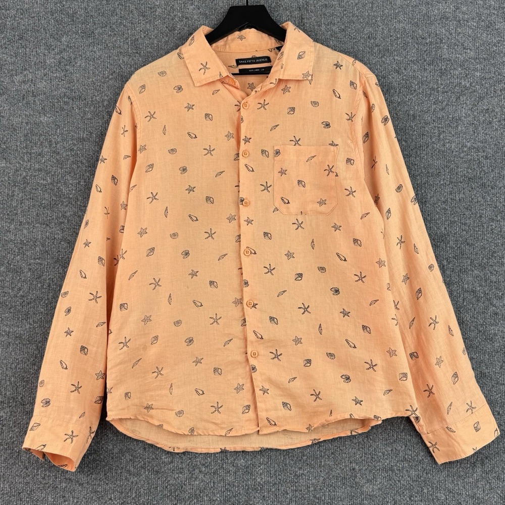 Saks Fifth Avenue Shirt Mens L Orange 100% Linen Seashell Starfish Print Beach